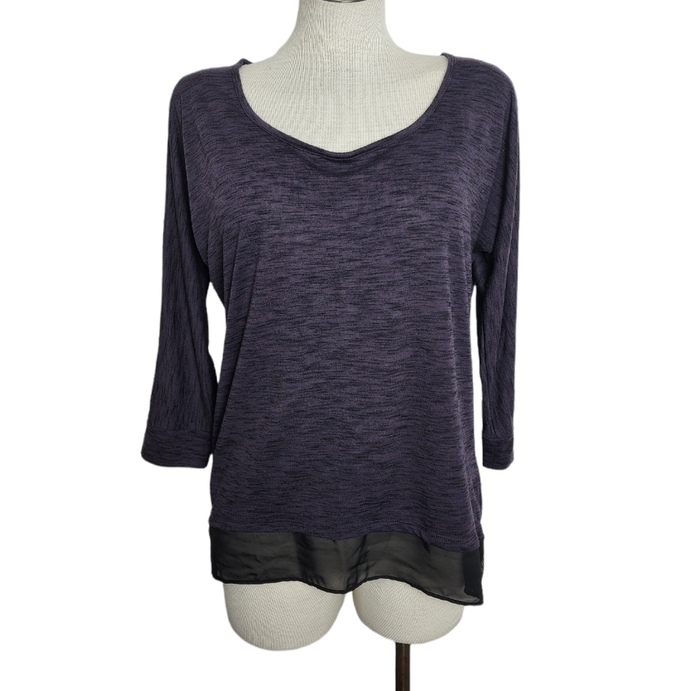 Vanity Round Neck Quarter Sleeve Sheer Button Purple Women's Top Size M